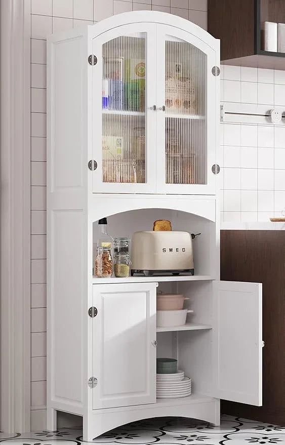 Kitchen Pantry Cabinet, Upgraded All Painted Tall Bathroom Cabinet, Modern White Kitchen Hutch W/Microwave Stand & Fluted Glass Doors, White Wooden Storage Cabinet for Living Dining Room - ModernBath
