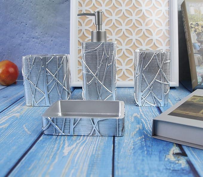 Hymmah Silver Bathroom Accessories Set,Toothbrush Holder,Farmhouse Bathroom Decor,4 Pcs Resin Gift Set Apartment Necessities, Contain Toothbrush Cup,Soap Dispenser,Soap Dish,Tumbler - ModernBath