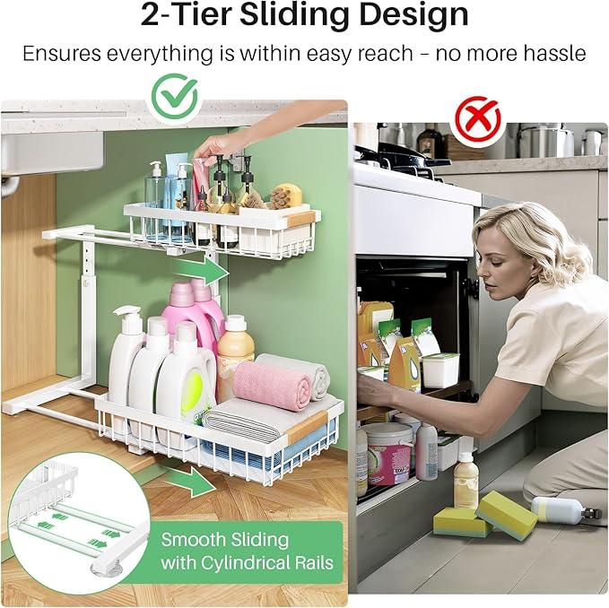 Pull out Cabinet Organizer, 1 Pack Under Sink Organizer, Slide out Metal Kitchen Cabinet Organizers Drawer Shelf, Sliding Storage Shelves for Kitchen Bathroom Pantry Closet Organization Rack(White) - ModernBath