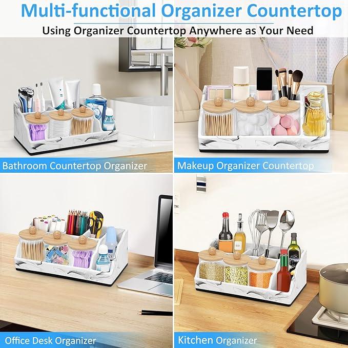 Marble Toothbrush Holder for Bathroom Organizer Countertop, Toothbrush Organizer with 3PCS Qtip Holder Dispenser, Toothbrush and Toothpaste Holder for Bathroom Counter Organization Storage Vanity - ModernBath