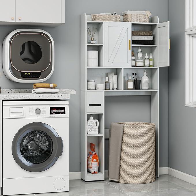 Farmhouse Over The Toilet Storage Cabinet with 2 Doors & 7 Shelves - Rustic Bathroom Cabinet Organizer Storage for Bathroom, Laundry - ModernBath