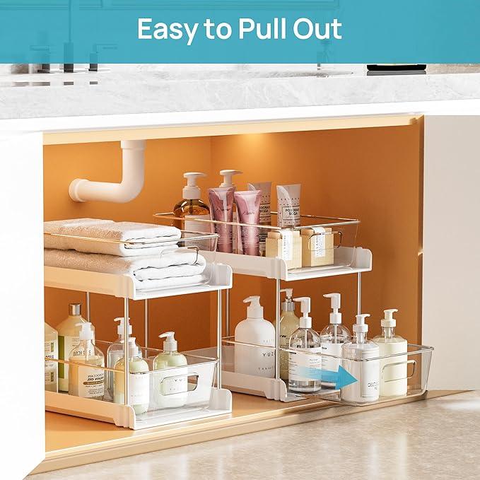 Vtopmart 4 Pack Bathroom Organizer, 2 Tier White Under Sink Organizers Vanity Countertop Storage Container,Cabinet Drawers Bins, Pull-Out Organization with Track for Pantry, Kitchen - ModernBath