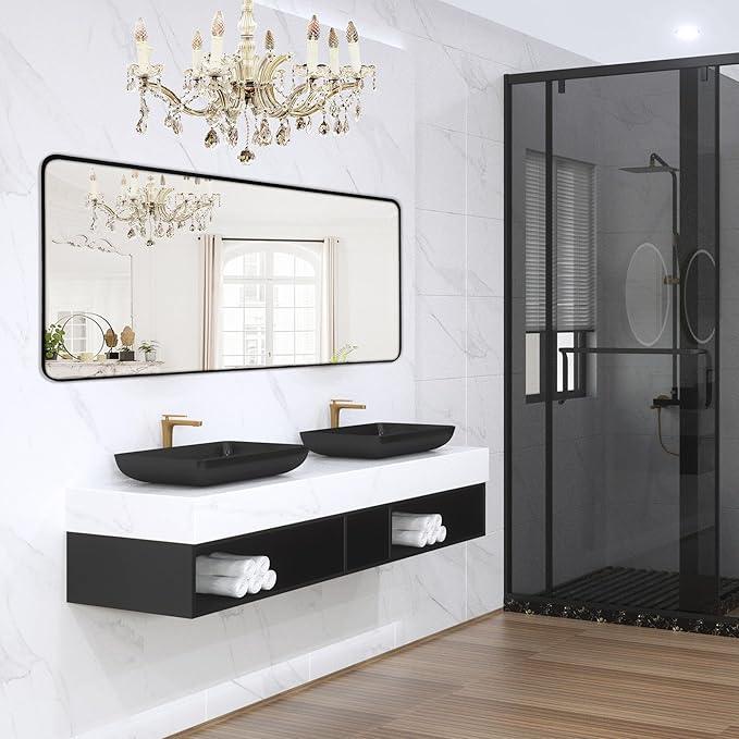 Minuover Wall Mount Mirror for Bathroom, Brushed Black Metal Framed Large Rounded Corner Rectangular Vanity Mirror, Tempered Glass (28" x 60", Black) - ModernBath