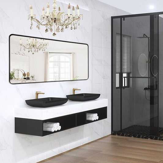 Minuover Wall Mount Mirror for Bathroom, Brushed Black Metal Framed Large Rounded Corner Rectangular Vanity Mirror, Tempered Glass (28" x 60", Black) - ModernBath