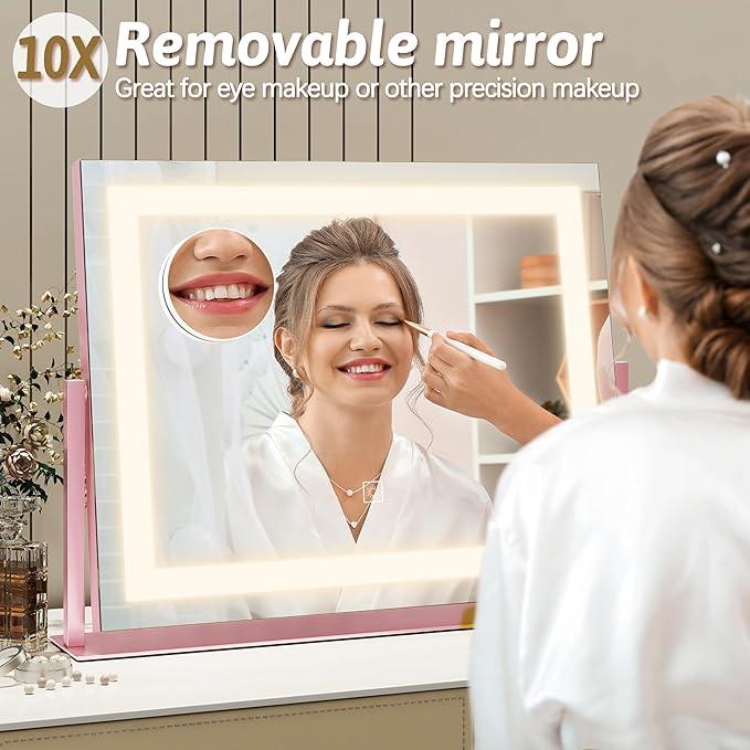 ROLOVE Pink Vanity Mirror with Lights 22"x18", Lighted Makeup Mirror with 10X Magnification, Smart Touch 3 Colors Dimmable, 360° Rotation, Gift for Teens - ModernBath