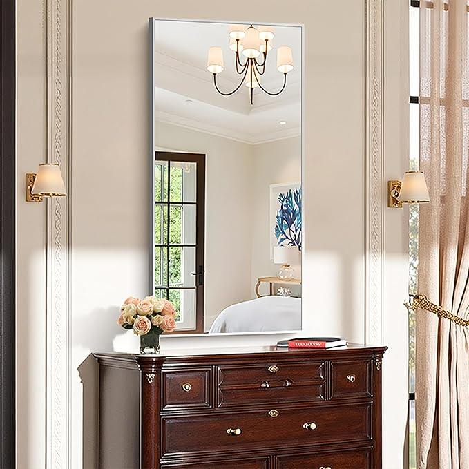 KOCUUY Silver Bathroom Mirror, 48"x24" Rectangle Bathroom Mirror for Wall, HD Tempered Glass, Anti-Rust Brushed Silver Frame, Modern Design for Bathroom, Bedroom, Living Room, Entryway. - ModernBath