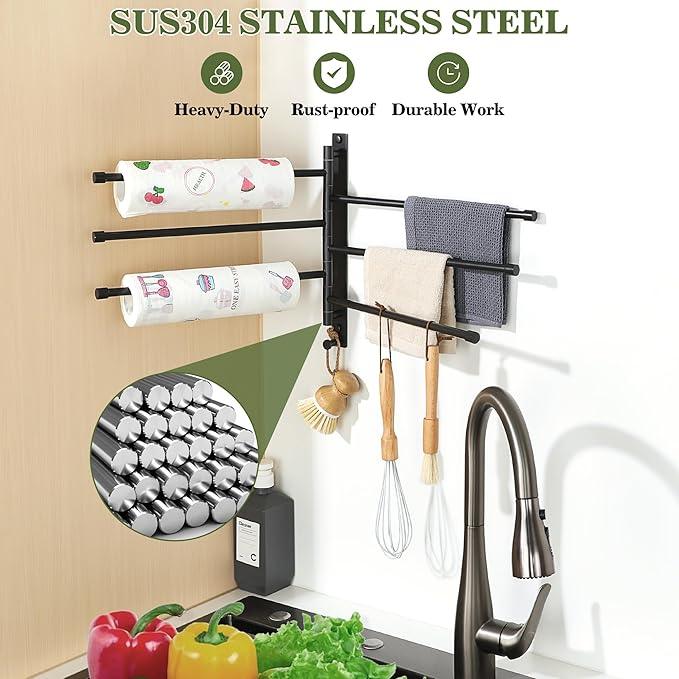 Alise Swivel Towel Rack, SUS304 Stainless Steel 6 Arms Towel Bar, Space Saving Swing Out Towel Bar with Hook, Towel Racks Wall Mounted for Bathroom, Matte Black - ModernBath