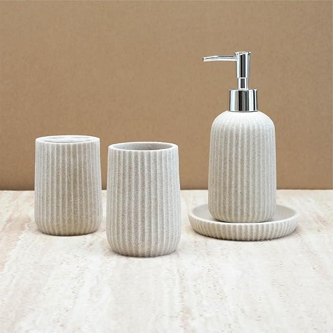 SEICASAYA 4-Piece Bathroom Accessory Set - Modern Resin & Sandstone Collection - Includes Soap Dispenser 8.5oz, Toothbrush Holder, Tumbler, Soap Dish (Beige) - ModernBath