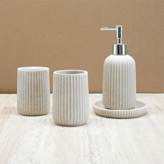 SEICASAYA 4-Piece Bathroom Accessory Set - Modern Resin & Sandstone Collection - Includes Soap Dispenser 8.5oz, Toothbrush Holder, Tumbler, Soap Dish (Beige) - ModernBath