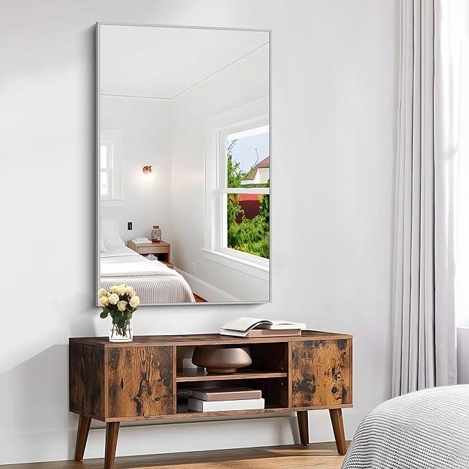KOCUUY Silver Bathroom Mirror, 48"x30" Rectangle Bathroom Mirror for Wall, HD Tempered Glass, Anti-Rust Brushed Silver Frame, Modern Design for Bathroom, Bedroom, Living Room, Entryway. - ModernBath