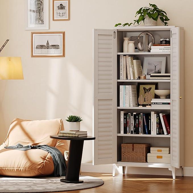 64" H Kitchen Pantry Storage Cabinet, Metal Storage Cabinets with 4 Adjustable Shelves for Kitchen Bathroom Living Room, Required Assembly, White - ModernBath