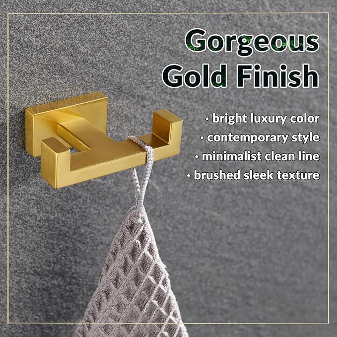 APLusee Double Robe Towel Hook Brushed Gold, 304 Stainless Steel Bathroom Hand Towel Holder, Clothes Wall Hanger for Toilet Kitchen Cabinet - ModernBath