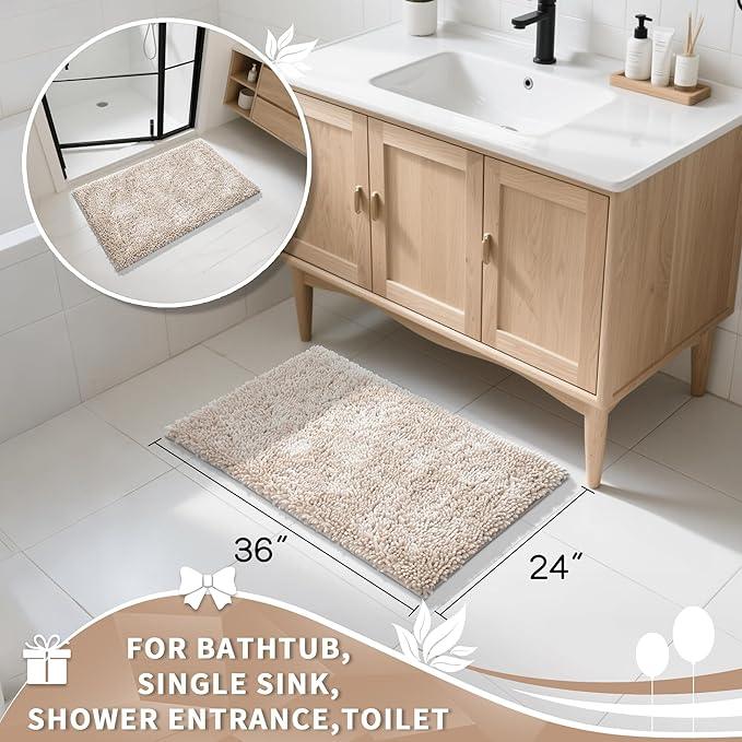 Yimobra Large Bathroom Rug Non Slip 36x24 Inch, Extra Thick Soft Absorbent Chenille Bath Mat, Machine Washable Quick Dry Bath Rugs for Bathroom Floor, Tub and Shower, Home Decor Accessories, Khaki - ModernBath