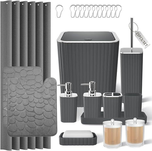 XLHOMO Bathroom Accessories Set- 25PC Grey Bathroom Set, Bathroom Set with Shower Curtain and Rugs, Shower Curtain Set, Toilet Brush, Trash Can, Qtip Holder Dispenser & Soap Dispenser - ModernBath