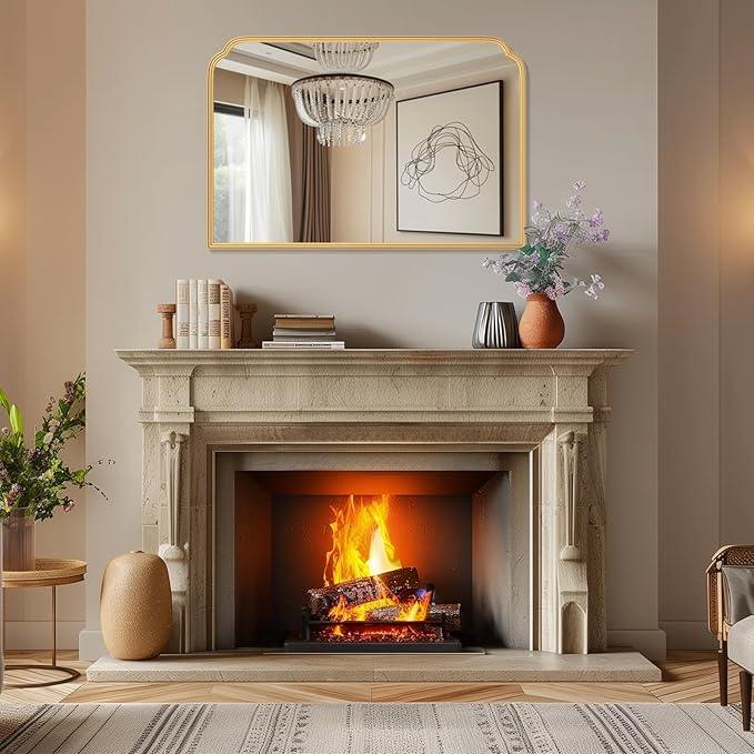 Ferytange 36X24 Inch Gold Bathroom Vanity Mirror for Over Sink, Modern Rounded Corner Fireplace Decor Mirror with Non-Rusting Iron Metal Framed - ModernBath