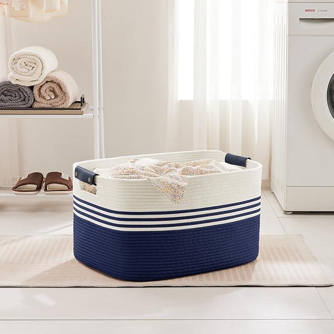 72L Large Laundry Basket with Leather Handles for Living Room Storage, Woven Rope Baskets Bin for Blanket, Kids Toy, Gifts, Wicker Hamper for Bedroom Dirty Clothes, 22"x17"x12" White Navy - ModernBath