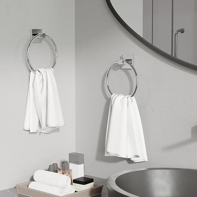 RUACQ Towel Ring for Bathroom 2pcs,Square Base Hand Towel Holder Hangers Wall Mount,Heavy Duty,Stainless Steel(Chrome) - ModernBath