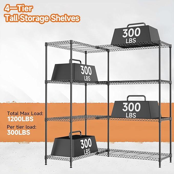 4 Tiers Storage Shelves Load 1200LBS, Metal Shelving Wire Metal Shelving Unit Shelves for Storage Adjustable Garage Shelving for Pantry Kitchen Garage Black 15.8" D x 33.5" W x 59.5" H - ModernBath