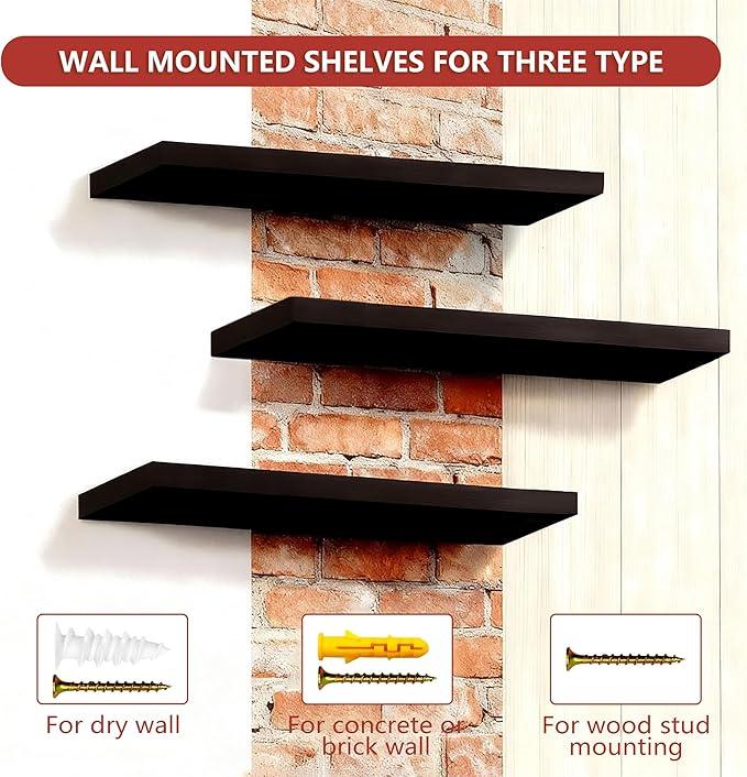 ROGMARS Black Floating Shelves for Wall,36 inch Rustic Wooden Floating Wall Mounted Book Shelves with Invisible Brackets for Living Room, Bedroom, Kitchen, Bathroom,Set of 3 - ModernBath