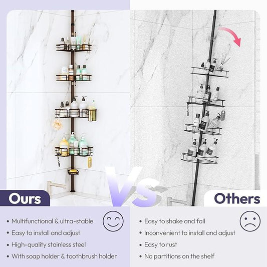 SWTYMIKI Shower Caddy Tension Pole - 4-Tier Corner Shower Organizer Tension Rod with Soap Holder, Toothbrush Holder & 4 Hooks, Adjustable Stainless Steel Bathroom Organizer 27.6 to 108.3 inch, Bronze - ModernBath