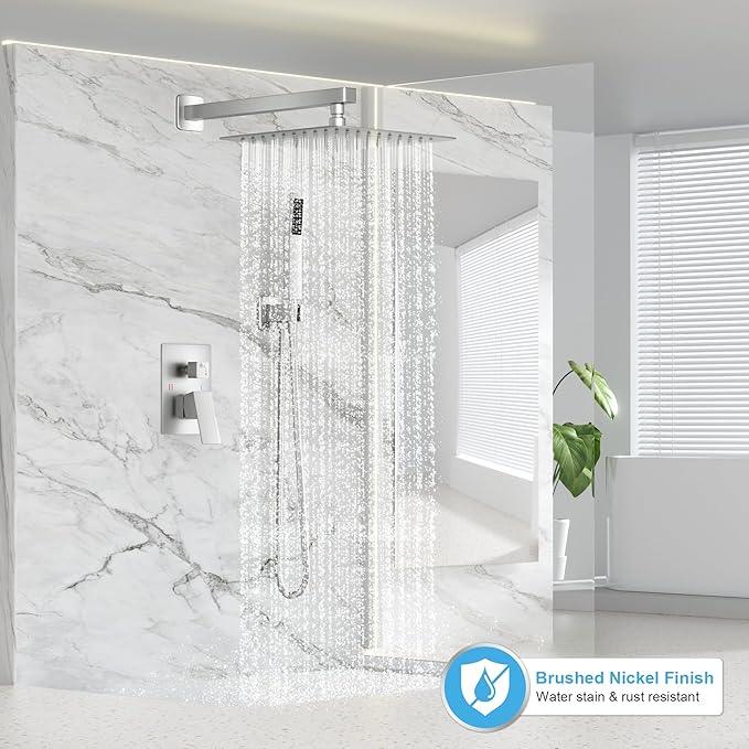 FPXRNG Shower Faucet Set Bathroom Square Rain Shower Head and Handle Set, Wall Mounted Shower Fixtures, Full Metal Trim Repair Kit 10 inch Brushed Nickel (With Shower Valve) - ModernBath