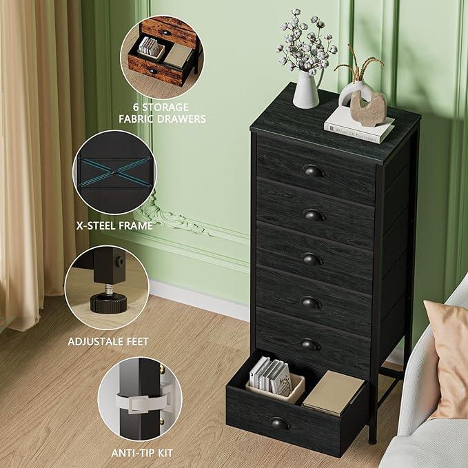 Furnulem Tall Dresser with 6 Drawers,Vertical Bedside End Table & Chest for Bedroom,Black Storage Tower Dorm Nightstand with Fabric Drawer Organizer Unit Furniture in Living Room,Closet,Hallyway - ModernBath