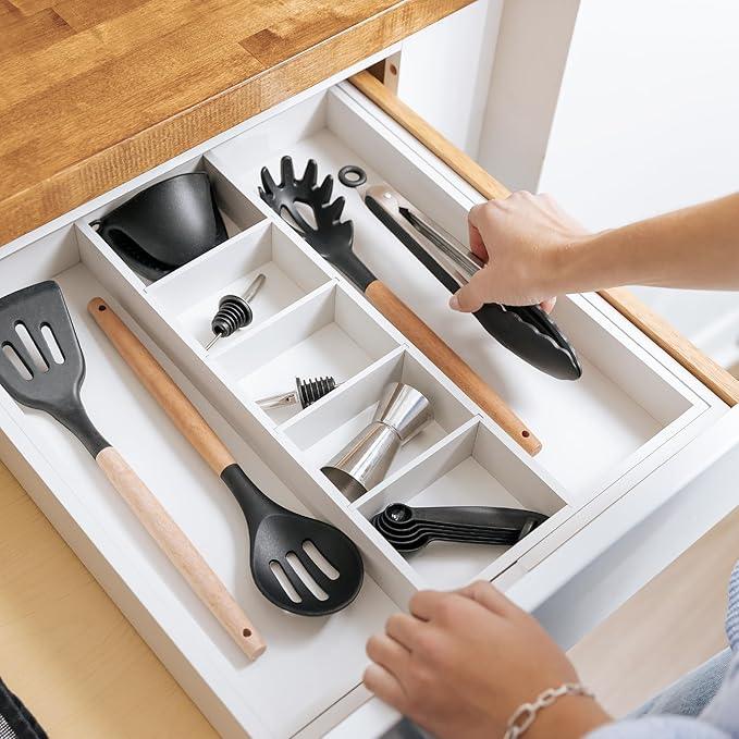KitchenEdge Adjustable Kitchen Drawer Organizer for Utensils and Junk, Food-Safe Contract Grade with 100% Sustainable Wood, Expandable from 16 to 28 Inches Wide - White Bamboo - ModernBath