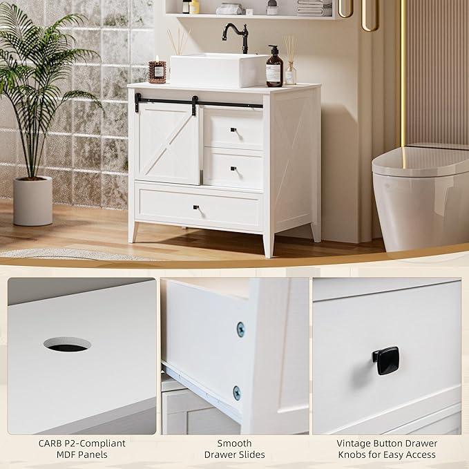 VNN Bathroom Vanity with Sink - 36 Inch Bathroom Vanity with Sink Ceramic, Freestanding Cabinet with Farmhouse Sliding Barn Door and 3 Drawers, Space-Saving Storage Cabinet, Wood Grain Texture, White - ModernBath