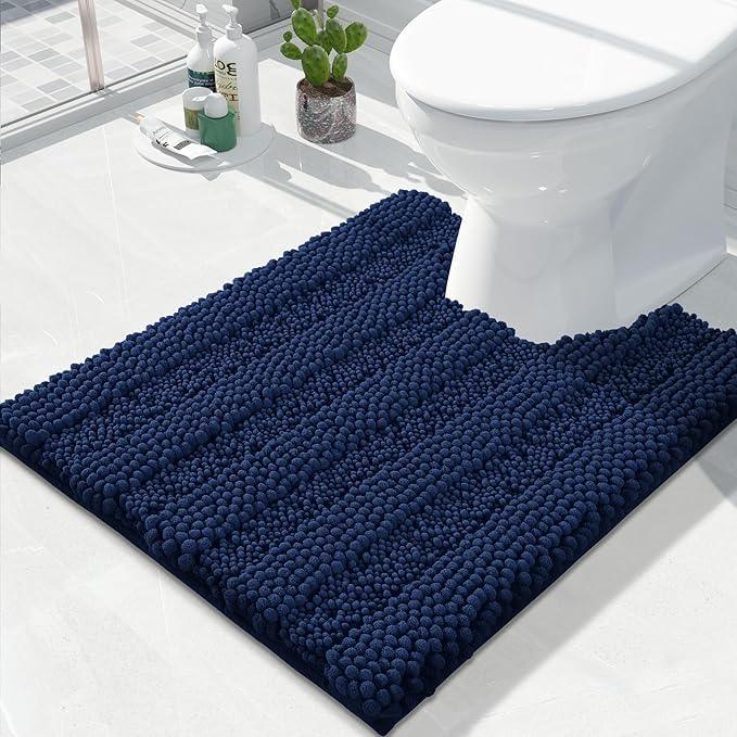 Yimobra Toilet Rugs U Shaped Washable 24 x 20, Non Slip and Super Absorbent Toilet Mat, Quick Dry, Ultra Luxury Microfiber Chenille Plush Fluffy Contour Bath Rugs for Toilet Base, Navy Blue - ModernBath