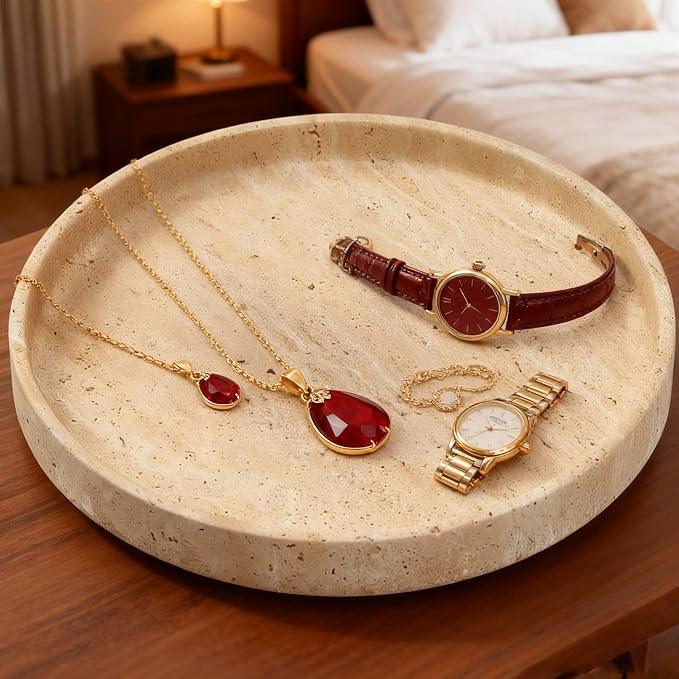 Apasqro Natural Travertine Vanity Tray – Round Beige Marble Tray for Bathroom, Jewelry, Candle, Perfume, Nightstand & Kitchen Decor, 10 Inch Wabi-sabi Style Decorative Stone Catchall Organizer - ModernBath