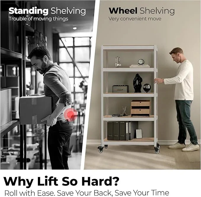 HOMEDANT House 5-Tier Metal Rolling Cart Shelf Rack Casters Heavy Duty Laminated Wheel Shelving Unit Adjustable Utility Storage Shelves Organizer Shelf Kitchen Garage (1, (S) 24.4" W, White) - ModernBath