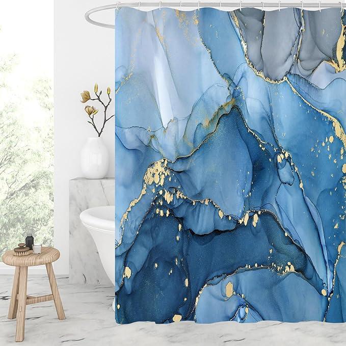 Gibelle Blue Marble Fabric Shower Curtain, Modern Ink Art Decor Bathroom Curtain Set with Hooks, 72x72 - ModernBath