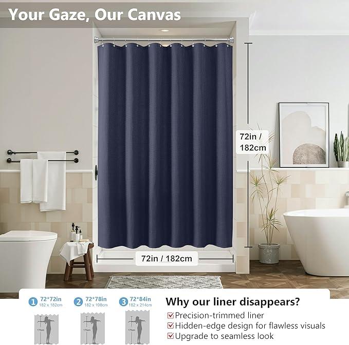 Luxury 3 in 1 Shower Curtain Set 3D Textured Waffle Weave Bathroom Curtain with Waterproof SGS Certified Fabric Liner & 12 Anti-Fall Stainless Steel Hooks, Machine Washable 72"x72" (Navy Blue) - ModernBath