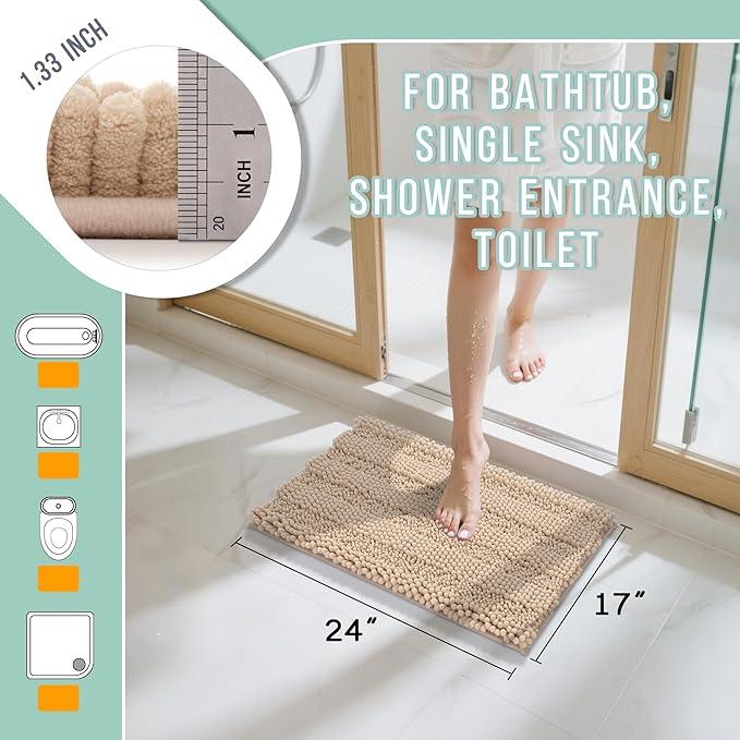 Yimobra Bathroom Rug Mat, Non Slip and Super Absorbent Bath Mat, Machine Washable Quick Dry, Ultra Plush Chenille Shower Rugs for Bathroom Floor Sink Tub and Shower Outside, Beige, 24 x 17 - ModernBath