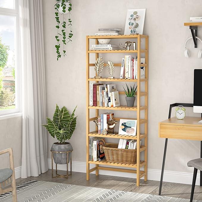 Homykic 6-Tier Bamboo Bookshelves and Bookcases, Adjustable 63.4”Tall Shallow Book Shelf Organizer Rack, Freestanding Storage Shelving Unit for Living Room, Kitchen, Bathroom, Office, Natural - ModernBath