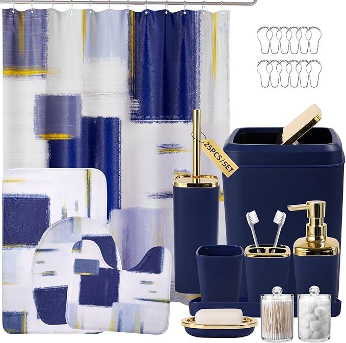 XLHOMO Bathroom Set - Navy Blue and Gold Bathroom Accessories Set, Bathroom Sets with Shower Curtain and Rugs, Blue Shower Curtain Set with Bathroom Trash Can, Soap Dispenser,Soap Dish for Home Decor - ModernBath