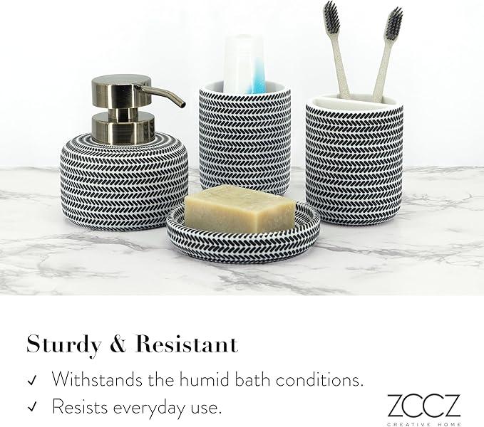 ZCCZ Black and White Bathroom Accessories Set, 4 Pieces - Toothbrush Holder, Soap Dispenser, Vanity Tray, Tumbler - Countertop Organizer for Bathroom Decor - Modern Accessory Set for Home and Office - ModernBath