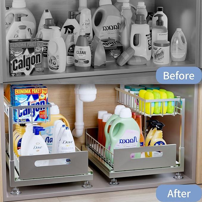 Under Sink Organizer Storage 2-Tier Premium Metal Pull-Out Racks, Height Adjustable, Heavy Dut and Easy Installation for Kitchen & Bathroom Organizers 1 Pack Grey - ModernBath