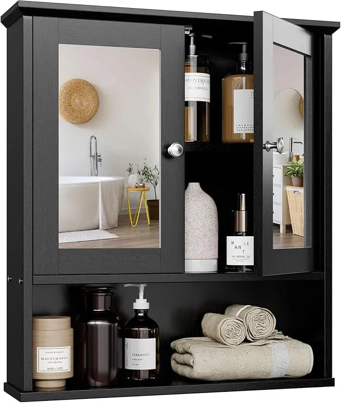 SUNLEI Medicine Cabinets with Open Shelves for Bathroom Organizer, Over The Toilet Storage Cabinet with Doors and Shelves, Bathroom Cabinet Wall Mounted with Mirror Door, Classic Black - ModernBath