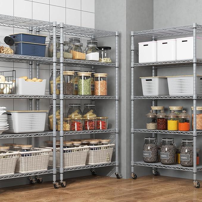 Homdox 5 Tier Adjustable Rolling Storage Shelves, Heavy Duty Wire Racks and Shelving, Metal Shelves for with Side Hooks Pantry Closet Kitchen Garage Organization, Silver Gray - ModernBath