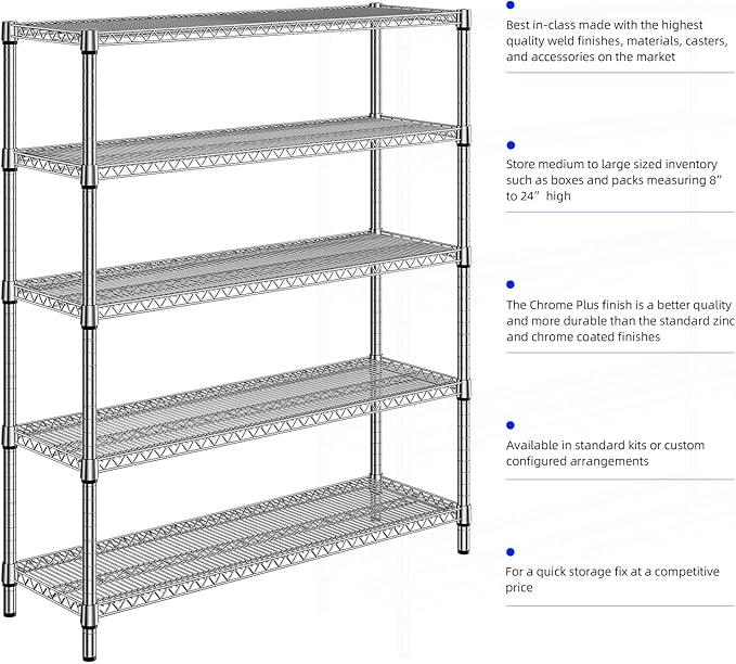 2200 Lbs 5 Tier Storage Rack Metal Wire Shelving Unit, Storage Standing Shelf Organizer for Laundry Bathroom Kitchen Pantry Closet Garage, Chrome 17.7" D x 59.1" W x 70.4" H - ModernBath