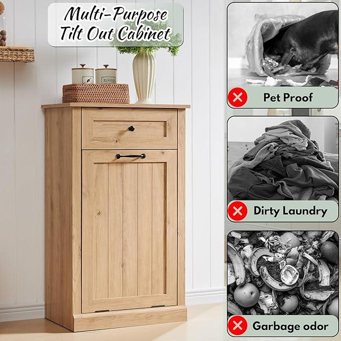 Tilt Out Laundry Hamper Cabinet, 10 Gallon Farmhouse Trash Can Cabinet with Drawer, Hidden Wood Garbage Can Bin Cabinets with Laundry Storage Basket for Bathroom, Kitchen, Natural - ModernBath
