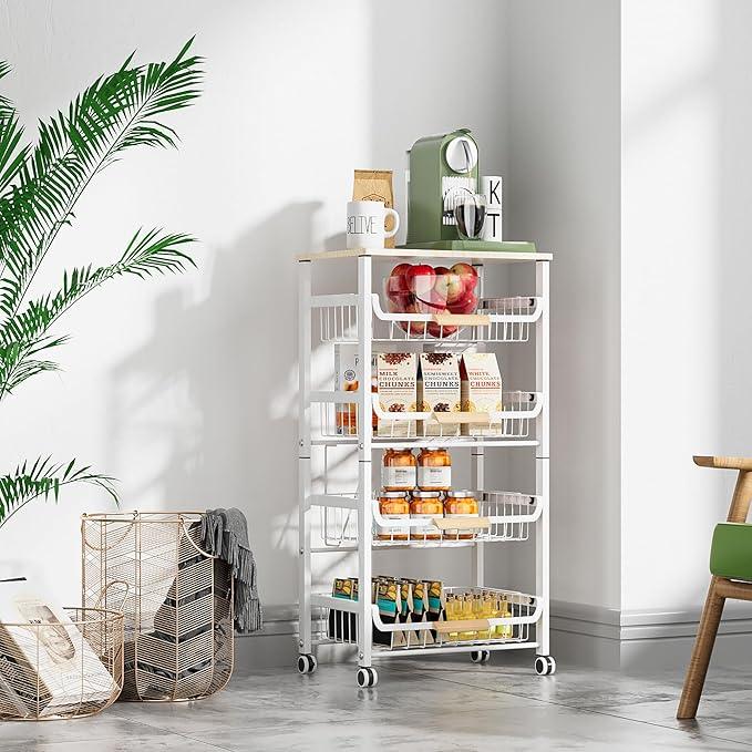 5-Layer Fruit Basket Kitchen Food Organizer and Rack, Stackable Storage Cart with Desktop, Pull-Out Hollow Metal Basket, Wheeled Sorting Rack Spice Rack, Black - ModernBath