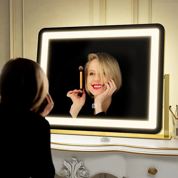 ROLOVE Gold Vanity Mirror with Lights - Smart Touch Dimming, 3-Color Lighting, 360° Rotatable Desktop Makeup Mirror for Desk, 22"x17" - ModernBath