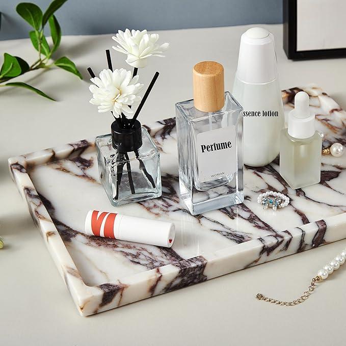Denique Natural Marble Vanity Tray for Bathroom Countertop, Stone Storage Tray for Home Decor, 12"x8" Genuine Calacatta Viola Marble Perfume Jewelry Organizer for Kitchen Dresser - ModernBath