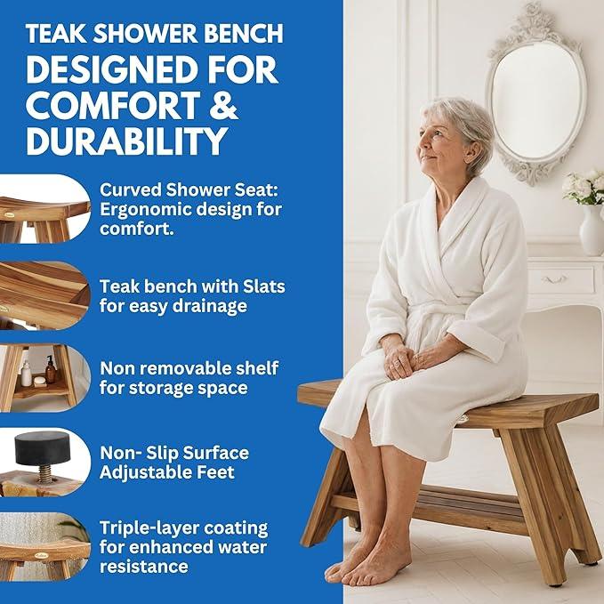 EcoDecors 35 Inch Serenity Teak Shower Bench – Waterproof Bathroom Seat with Large Storage Shelf For Adults & Seniors | Spa-Style Teak Wood Stool with Non-Slip Feet, Elegant Finish, 300 Pound Capacity - ModernBath