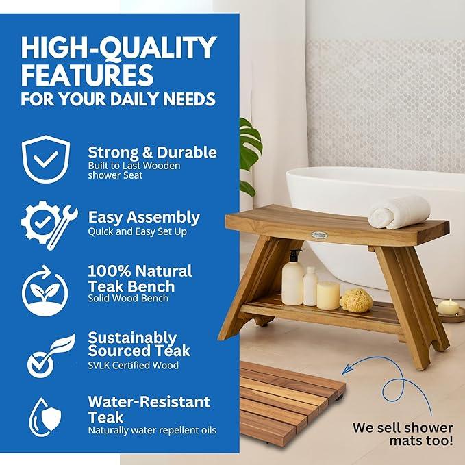 EcoDecors 35 Inch Serenity Teak Shower Bench – Waterproof Bathroom Seat with Large Storage Shelf For Adults & Seniors | Spa-Style Teak Wood Stool with Non-Slip Feet, Elegant Finish, 300 Pound Capacity - ModernBath