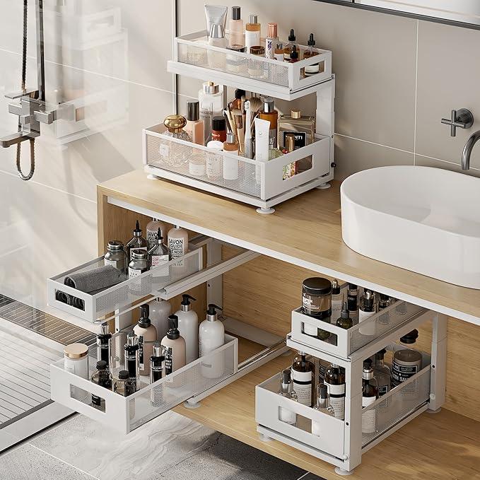 2 Pack Under Sink Organizer with Next-Gen Ball-Bearing Slides,2-Tier Pull Out Cabinet Storage,Height Adjustable Drawer Shelf for Bathroom,Kitchen,Laundry,Cabinet,Pantry(Patent Pending) - ModernBath