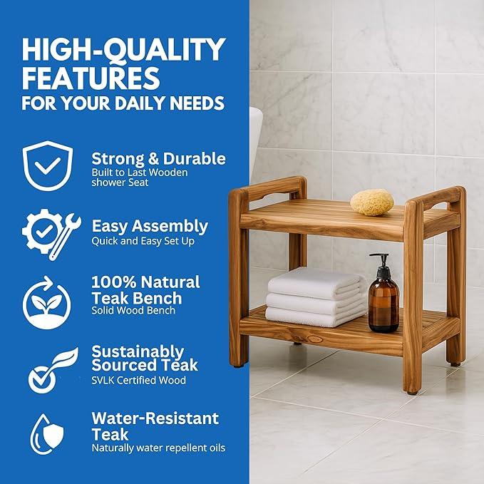 EcoDecors Eleganto 24 Inch Natural Color Waterproof Teak Wood Shower Bench Stool Seat Chair For Inside Shower Provides Safety, Storage, and Organization For Bathroom Accessories - ModernBath