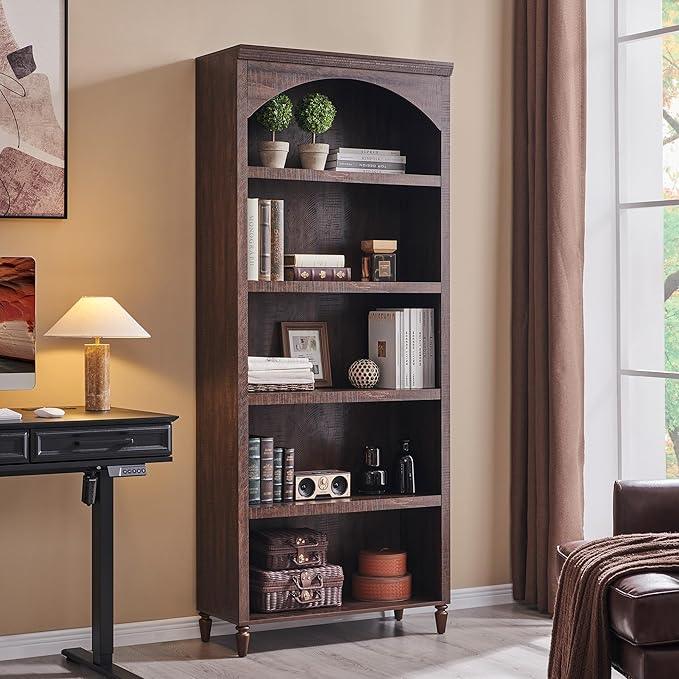 76" Tall Arched Bathroom Storage Cabinet, 5 Tiers Large Farmhouse Arched Cabinet w/Adjustable Shelves, Modern Wooden Storage Cabinet for Bathroom, Living Room, Entryway, Study Room (Brown) - ModernBath